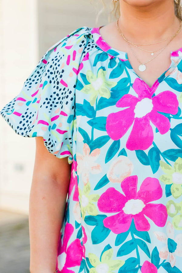 Chic Soul plus size clothing, mint short sleeve top with puff sleeves and multicolor floral design