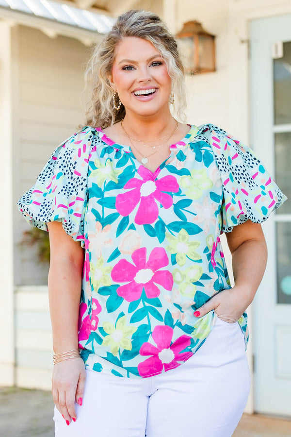 Chic Soul plus size clothing, mint short sleeve top with puff sleeves and multicolor floral design