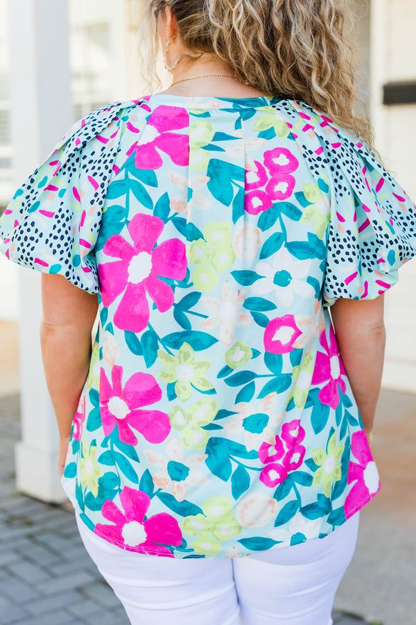 Chic Soul plus size clothing, mint short sleeve top with puff sleeves and multicolor floral design