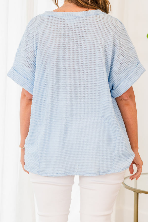 Chic Soul plus size clothing, light blue short sleeve waffle knit v-neck top