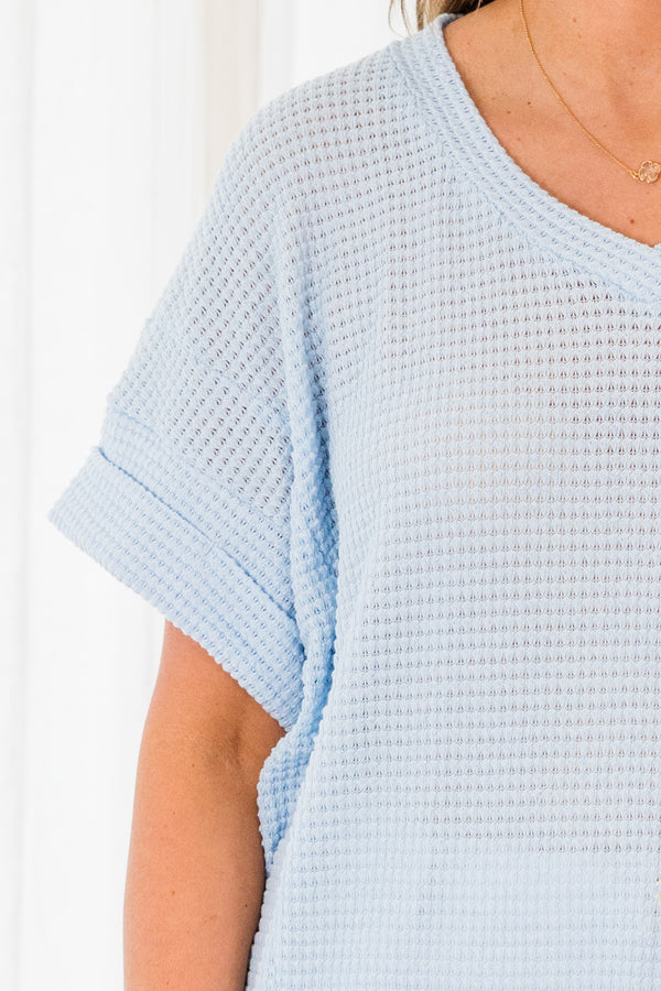 Chic Soul plus size clothing, light blue short sleeve waffle knit v-neck top