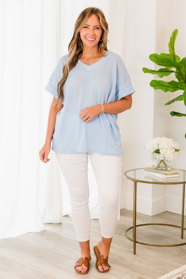 Chic Soul plus size clothing, light blue short sleeve waffle knit v-neck top