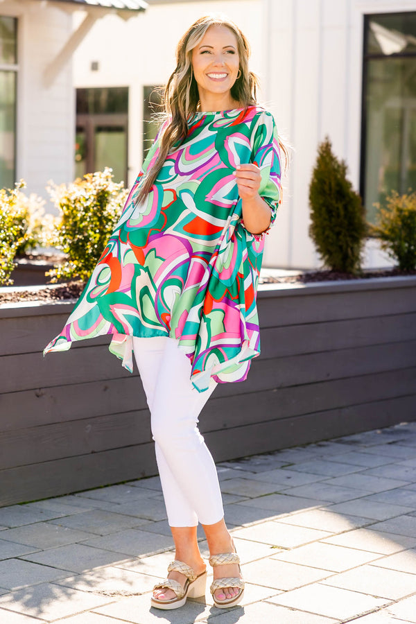 Chic Soul plus size clothing, green abstract print top with half length sleeves
