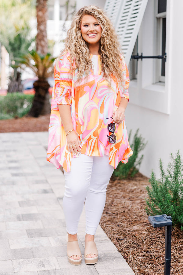 Chic Soul plus size clothing, pink multicolored abstract print flowy top with elbow length sleeves with rusching