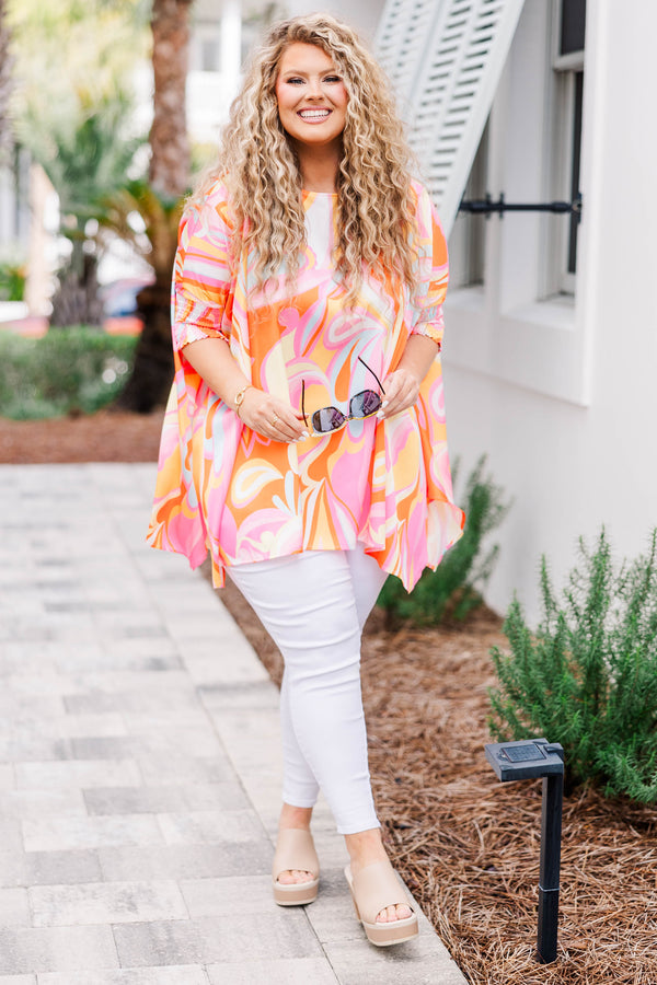 Chic Soul plus size clothing, pink multicolored abstract print flowy top with elbow length sleeves with rusching