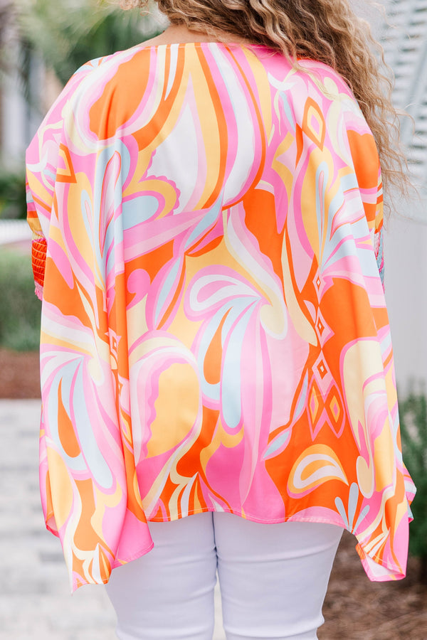 Chic Soul plus size clothing, pink multicolored abstract print flowy top with elbow length sleeves with rusching