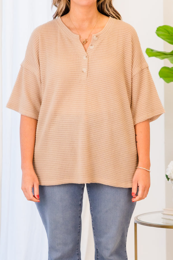 Chic Soul plus size clothing, short sleeve waffle knit taupe top with button details