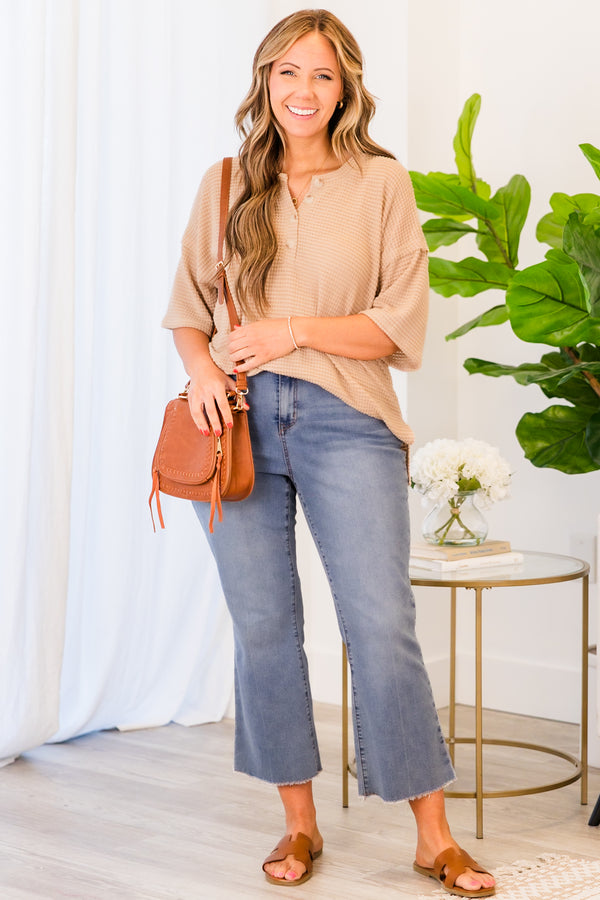Chic Soul plus size clothing, short sleeve waffle knit taupe top with button details