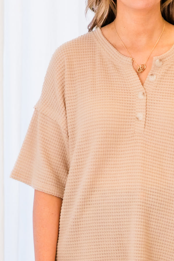 Chic Soul plus size clothing, short sleeve waffle knit taupe top with button details