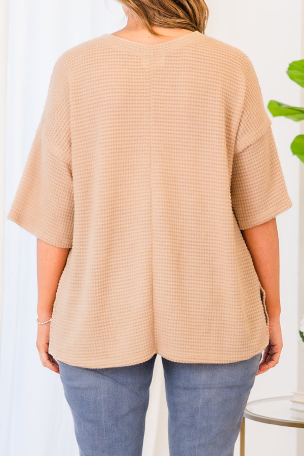 Chic Soul plus size clothing, short sleeve waffle knit taupe top with button details