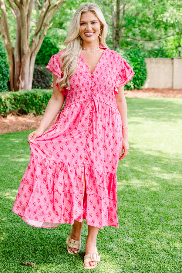 Chic Soul plus size clothing, fuchsia scalloped short sleeve midi dress with buttoned front and red abstract floral pattern