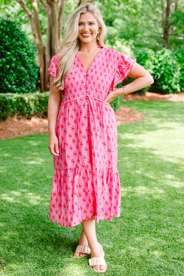 Chic Soul plus size clothing, fuchsia scalloped short sleeve midi dress with buttoned front and red abstract floral pattern