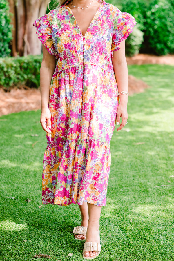 Chic Soul plus size clothing, fuchsia and golden yellow abstract floral patterned midi dress with flutter sleeves and buttons on front