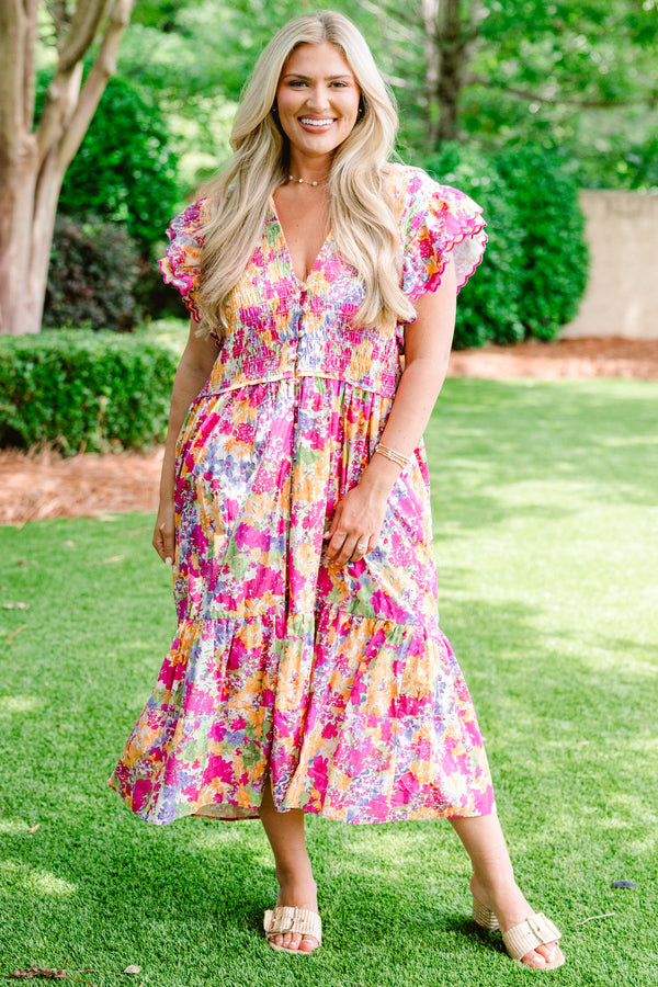 Chic Soul plus size clothing, fuchsia and golden yellow abstract floral patterned midi dress with flutter sleeves and buttons on front