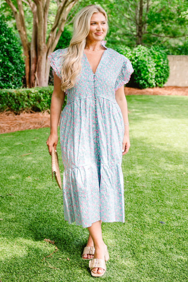 Chic Soul plus size clothing, sky blue button-up midi dress with a pink floral patten and flutter sleeves 