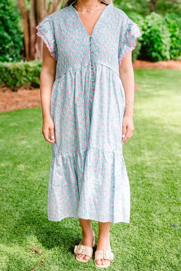 Chic Soul plus size clothing, sky blue button-up midi dress with a pink floral patten and flutter sleeves 