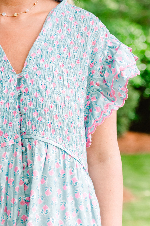 Chic Soul plus size clothing, sky blue button-up midi dress with a pink floral patten and flutter sleeves 
