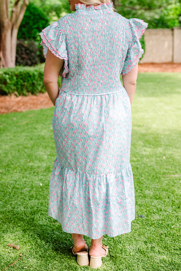 Chic Soul plus size clothing, sky blue button-up midi dress with a pink floral patten and flutter sleeves 