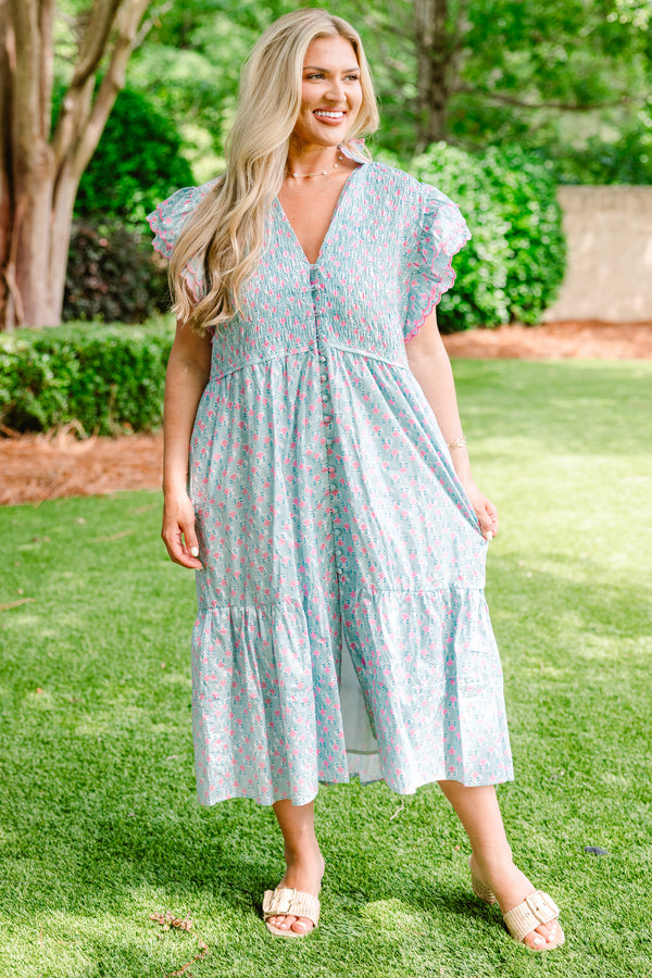Chic Soul plus size clothing, sky blue button-up midi dress with a pink floral patten and flutter sleeves 
