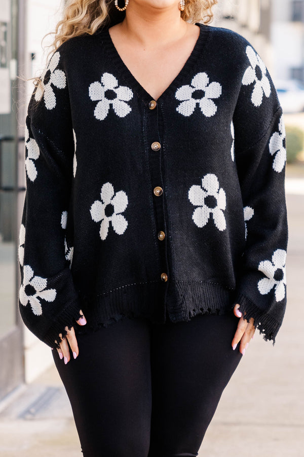 Chic Soul plus size clothing, black knitted button down cardigan with white flower pattern and distressed hemline