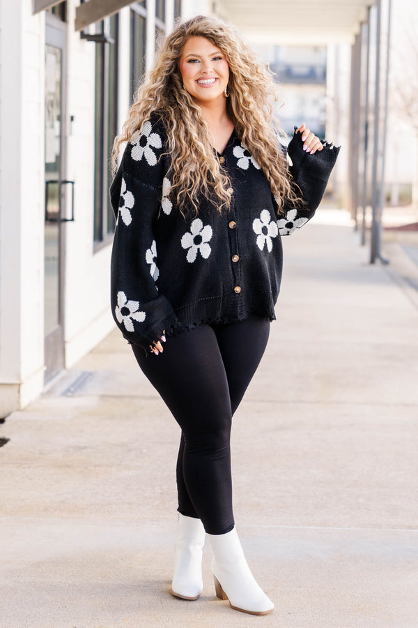 Chic Soul plus size clothing, black knitted button down cardigan with white flower pattern and distressed hemline