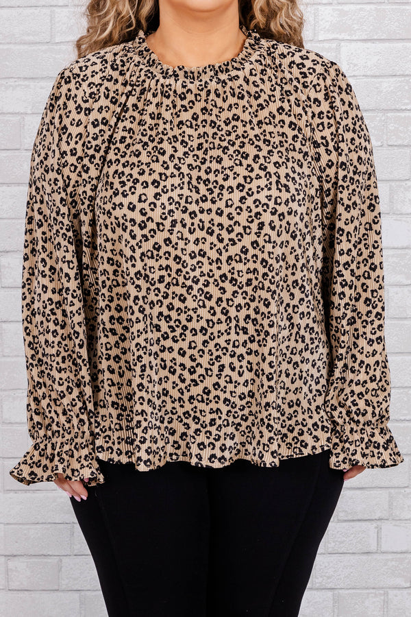 Chic Soul plus size clothing, taupe ribbed top with black leopard print with cuffed ruffle sleeve