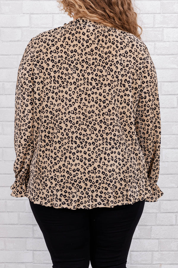 Chic Soul plus size clothing, taupe ribbed top with black leopard print with cuffed ruffle sleeve