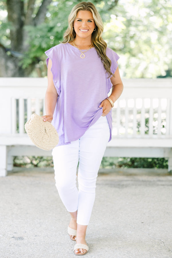 Plus Size lavender sleeveless top with a crew neckline and ruffled shoulder details.