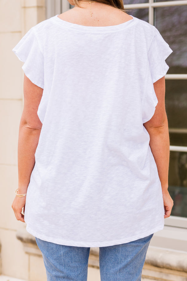 Chic Soul plus size clothing, white short sleeve top with ruffle sleeves