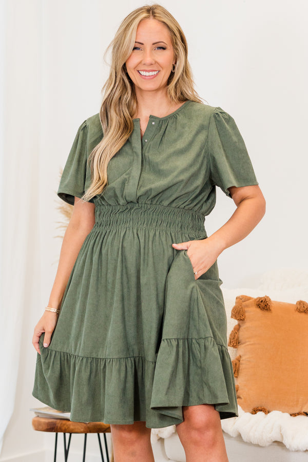 Chic Soul plus size clothing, green short sleeve mini dress with button up detail and synched waist with ruffle along the bottom