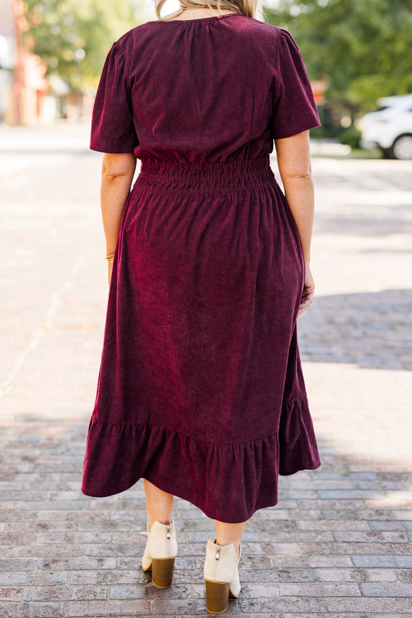 Chic Soul plus size clothing, short-sleeve plum purple ruffled midi dress with buttoned neckline and smocked waistline