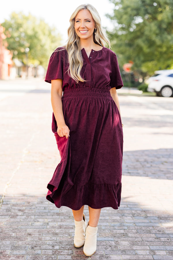 Chic Soul plus size clothing, short-sleeve plum purple ruffled midi dress with buttoned neckline and smocked waistline