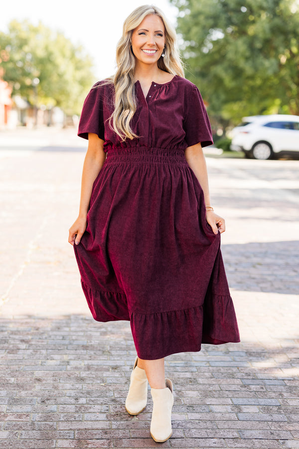 Chic Soul plus size clothing, short-sleeve plum purple ruffled midi dress with buttoned neckline and smocked waistline