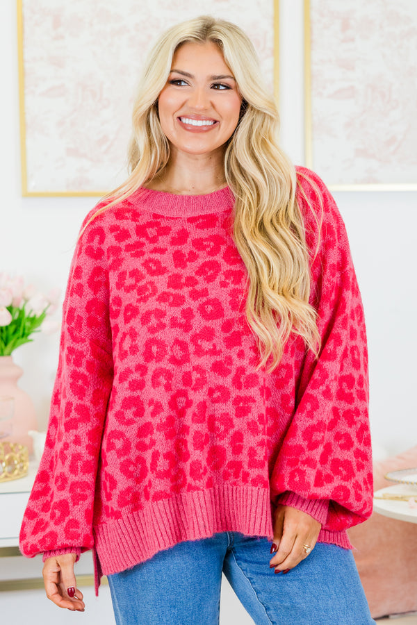 Chic Soul plus size clothing, fuchsia leopard print sweater with balloon sleeves