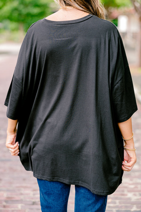 Chic Soul plus size clothing, black short sleeve graphic tee with the words 