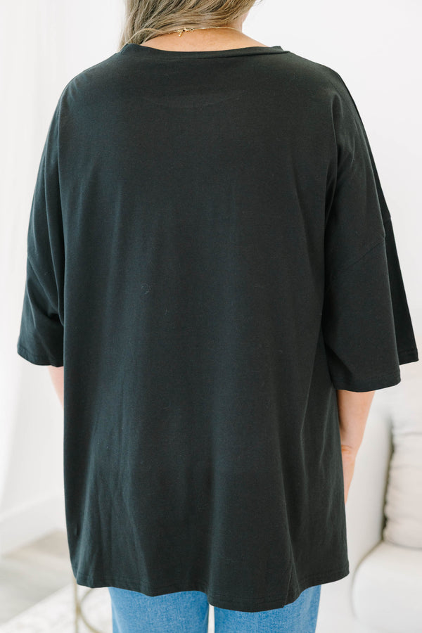 Chic Soul plus size clothing, black short sleeve graphic tee with the words 