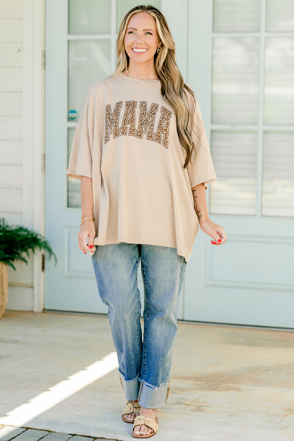 Chic Soul plus size clothing, half sleeve light mocha tee with leopard print text that says 
