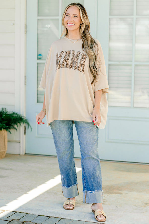 Chic Soul plus size clothing, half sleeve light mocha tee with leopard print text that says 