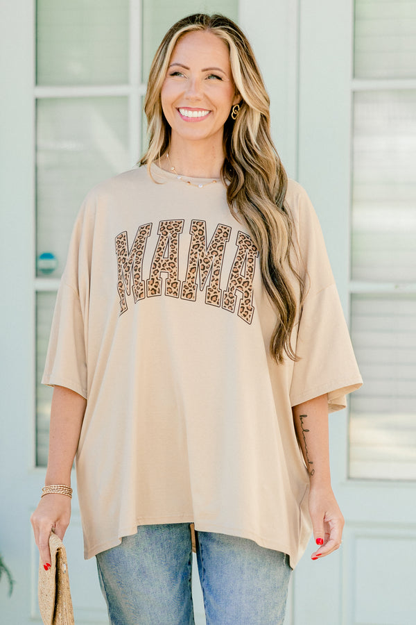 Chic Soul plus size clothing, half sleeve light mocha tee with leopard print text that says 