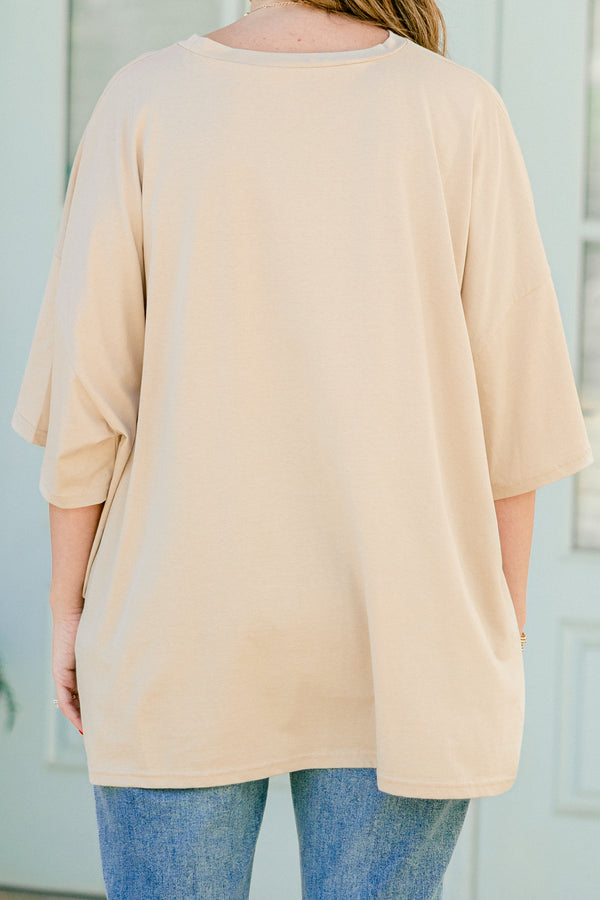 Chic Soul plus size clothing, half sleeve light mocha tee with leopard print text that says 