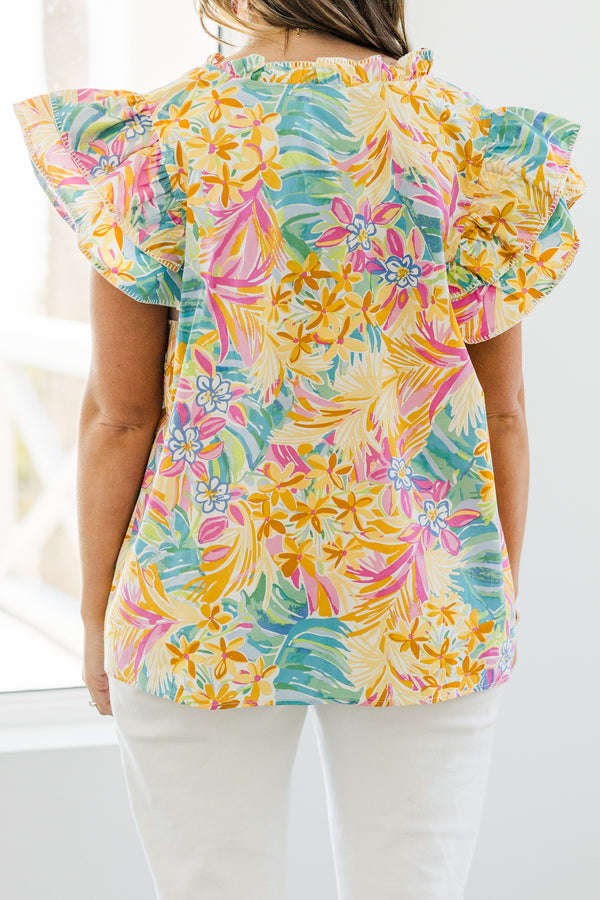 Chic Soul plus size clothing, yellow aqua and pink floral ruffle short sleeve top