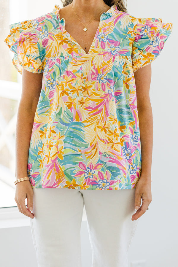 Chic Soul plus size clothing, yellow aqua and pink floral ruffle short sleeve top