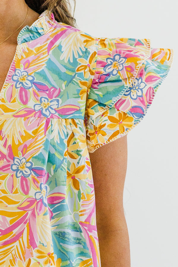 Chic Soul plus size clothing, yellow aqua and pink floral ruffle short sleeve top