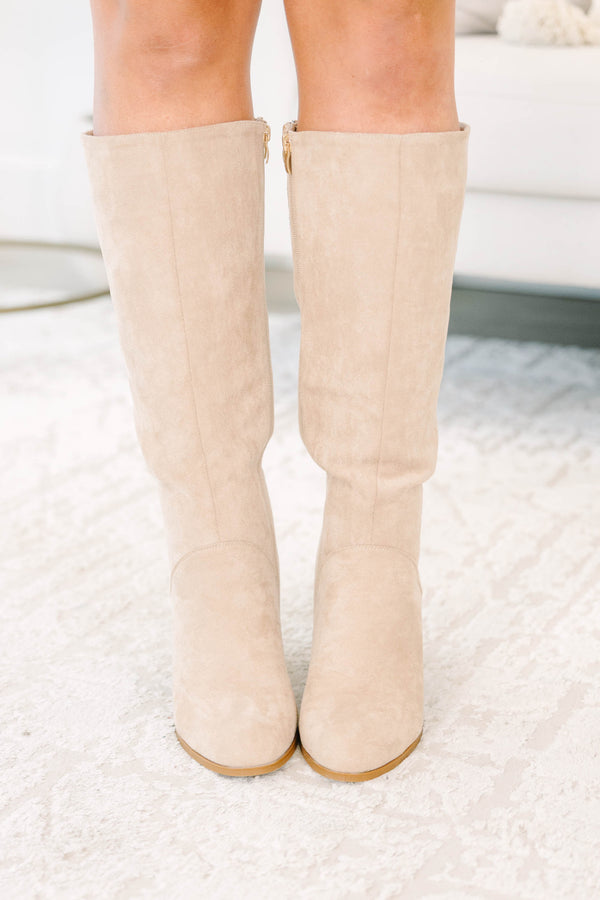 Plus size clothing, sand colored knee high suede boots with block heel