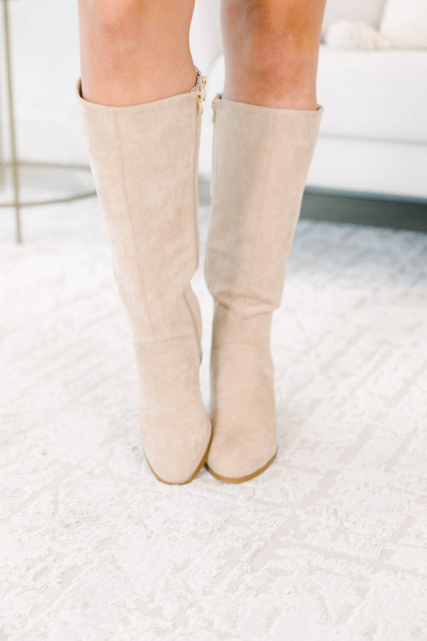 Plus size clothing, sand colored knee high suede boots with block heel