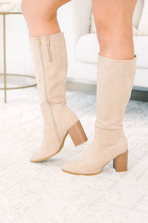 Plus size clothing, sand colored knee high suede boots with block heel