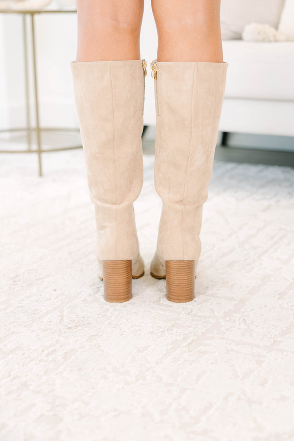 Plus size clothing, sand colored knee high suede boots with block heel