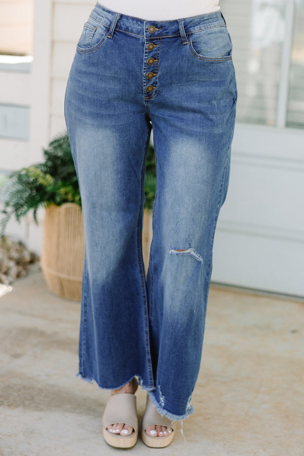 Chic Soul plus size clothing, medium wash bootcut jeans with raw distressed hem