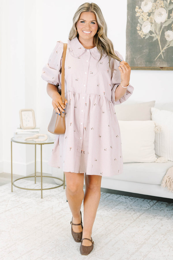Plus Size pink gingham mini dress with floral embroidery, puff sleeves, and a ruffled Peter Pan collar.