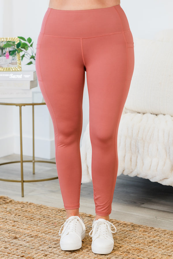 Chic Soul plus size clothing, brier rose coral ankle length leggings with stretchy waistband and built in pockets on each side